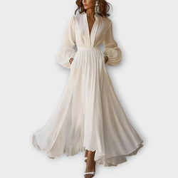 Laura - Klassieke Witte V-Hals Maxi Jurk met Vintage Flair