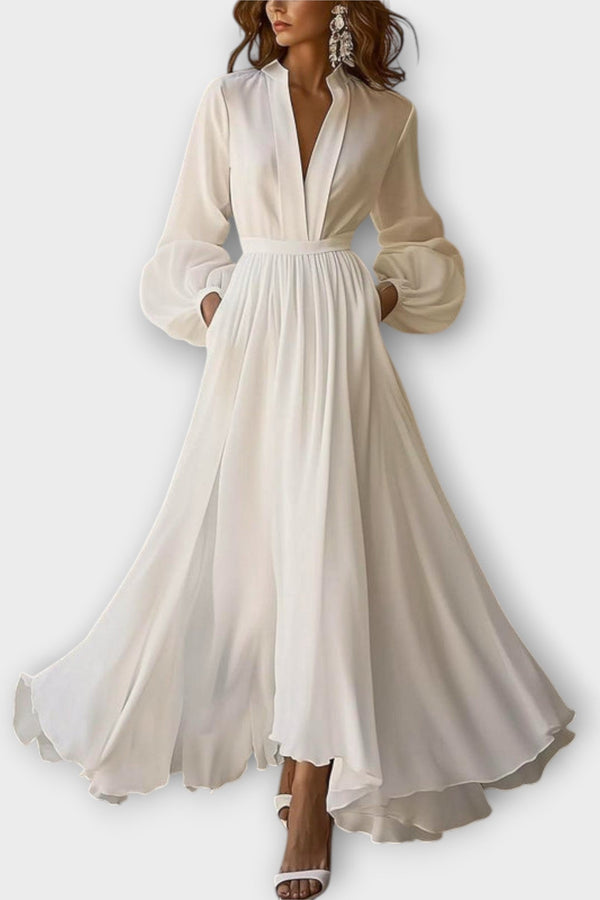 Laura - Klassieke Witte V-Hals Maxi Jurk met Vintage Flair