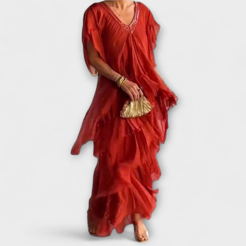 Blaise - V-Hals Maxi Jurk met Rimpel Korte Mouwen
