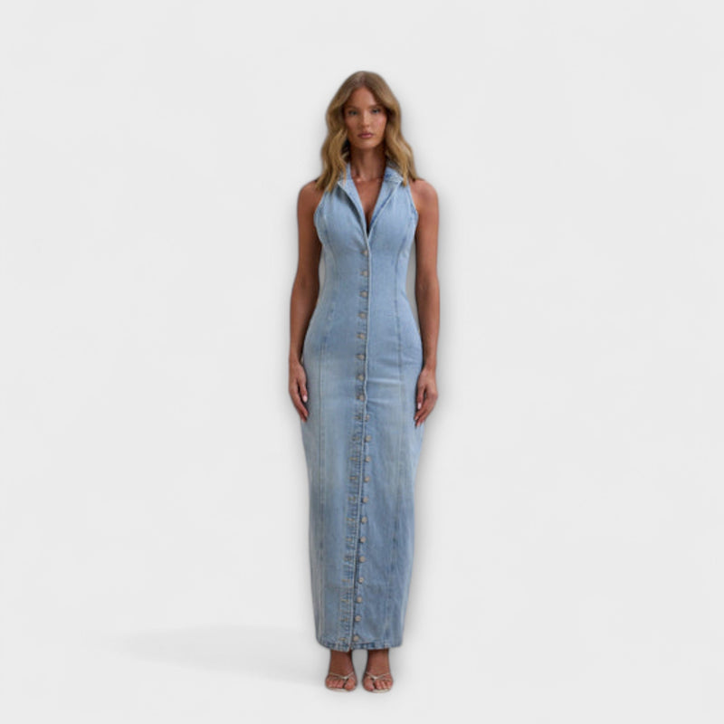 Lacey - Mid Wash Denim Maxi Jurk