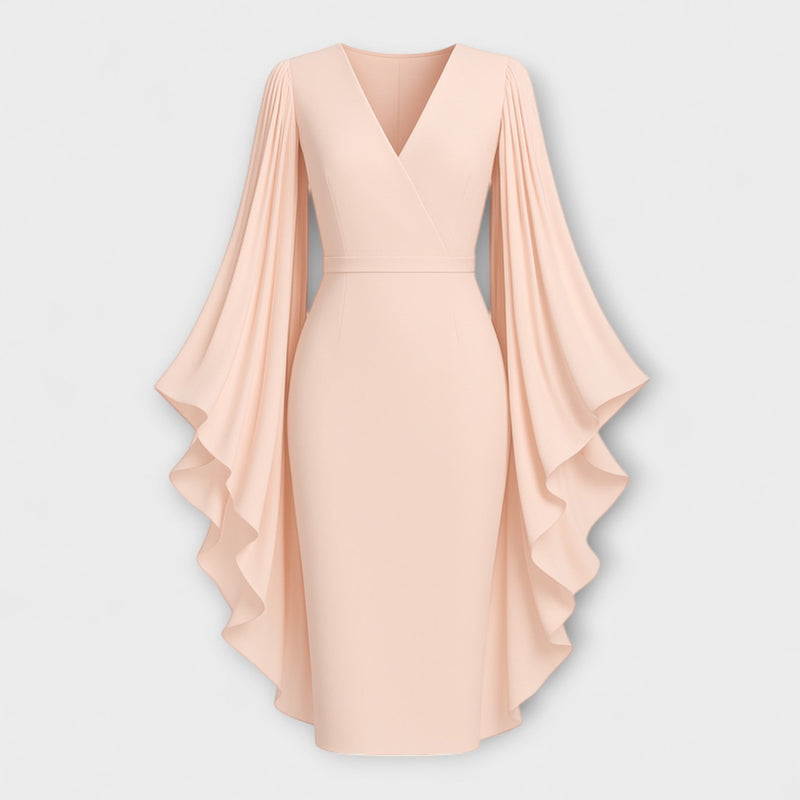 Rachel - Hellrosa Midi-jurk met V-hals en Chiffon Mouwen