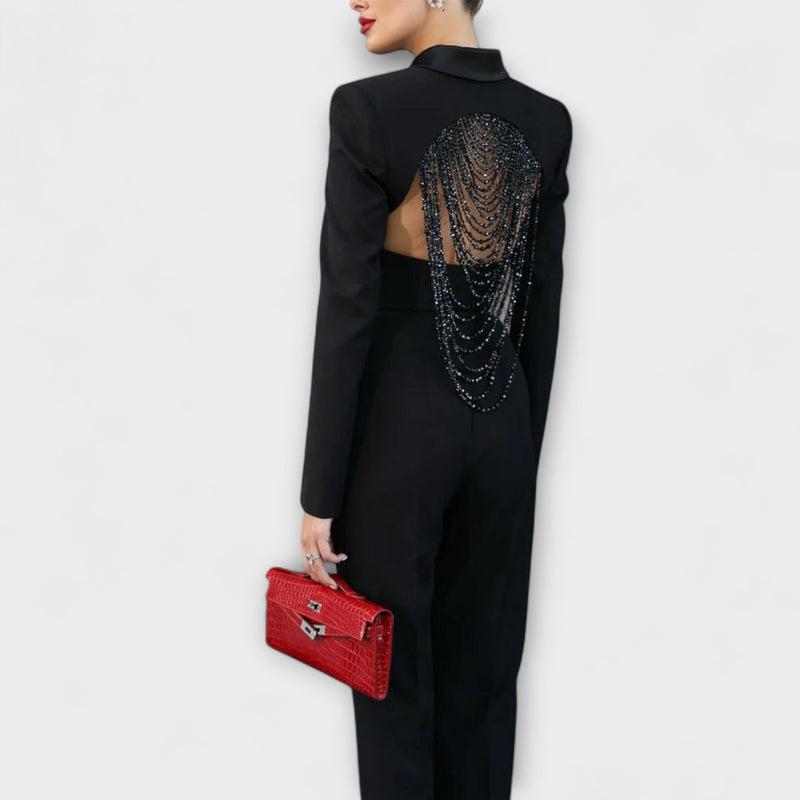 Noa - Zwart Parels Versierd Rugloze Korte Blazer Set