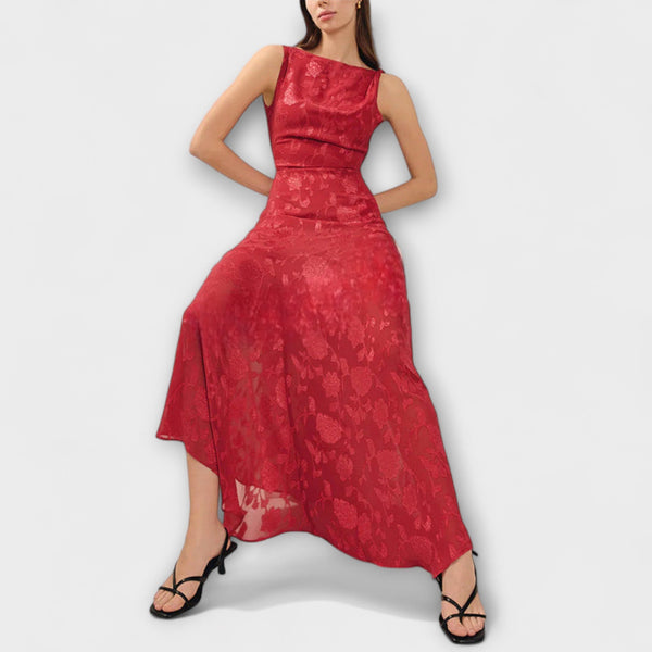Opal - Elegante Rugloze Lace-Up Jacquard Maxi Jurk
