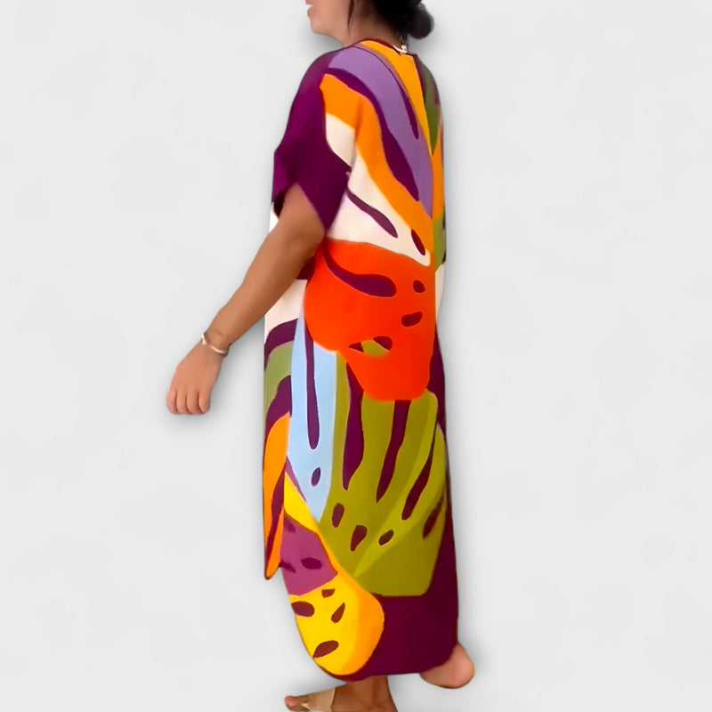 Roos - Casual Jurk met Kleurrijke Bladerenprint