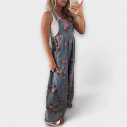 Bethany - Brede Denim Overalls met Bloemenpatroon