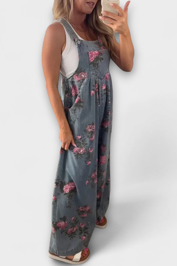 Bethany - Brede Denim Overalls met Bloemenpatroon