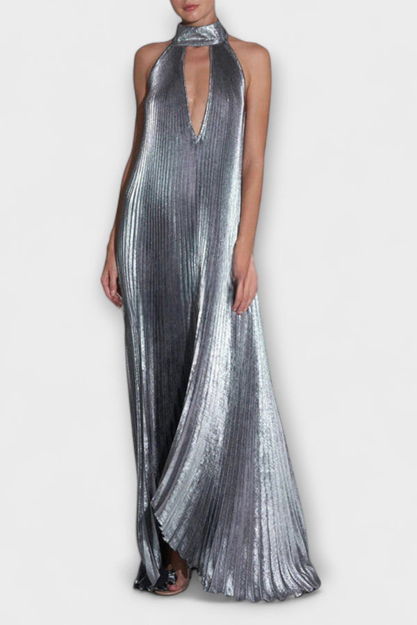 Calliope - Metallic Plissé A-Lijn Maxi Jurk
