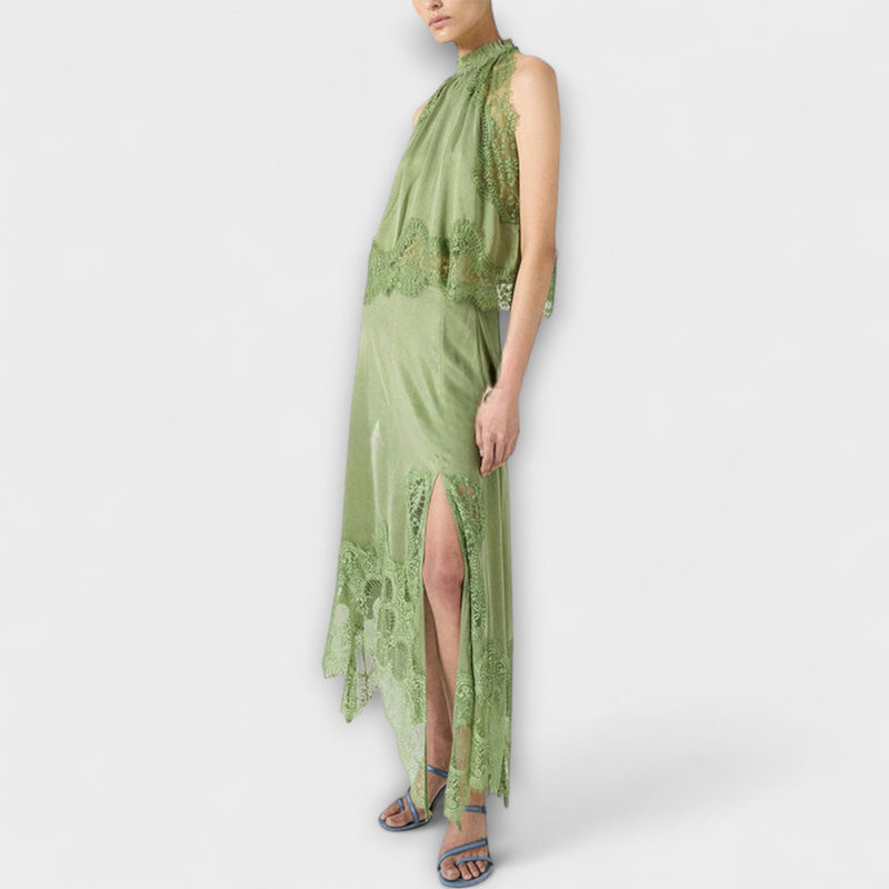 Kaia - Satijnen Blouse met Kantafwerking en Plissé Halslijn Set