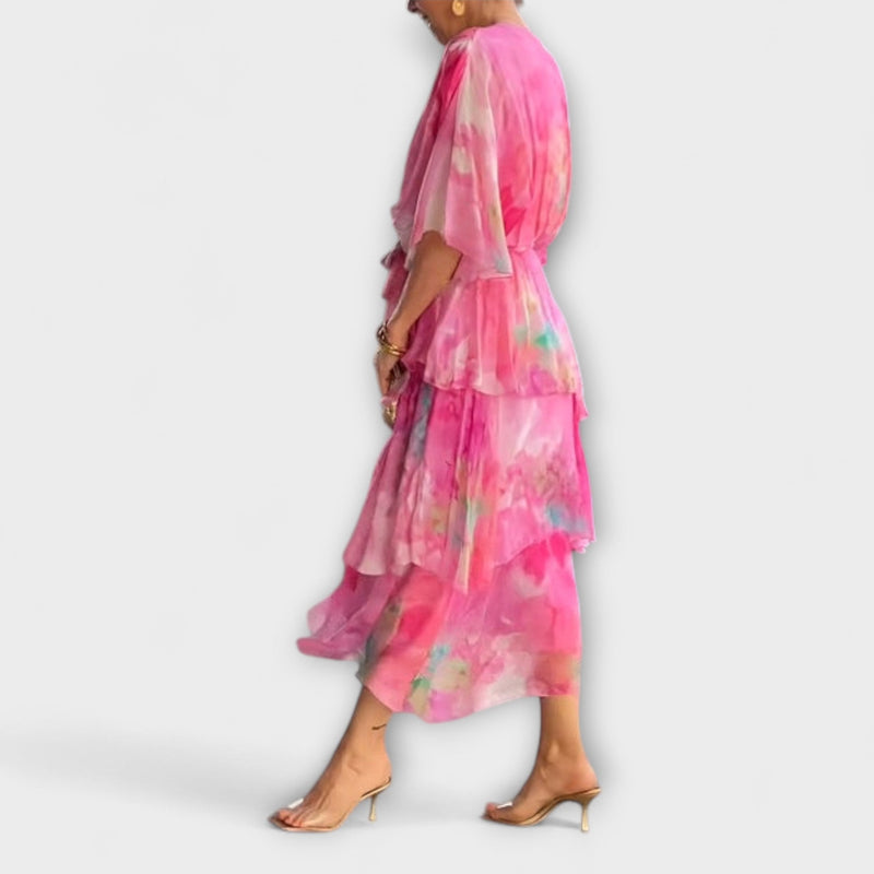 Nysa - Gelaagde Chiffon Jurk met Lente Bloemenprint