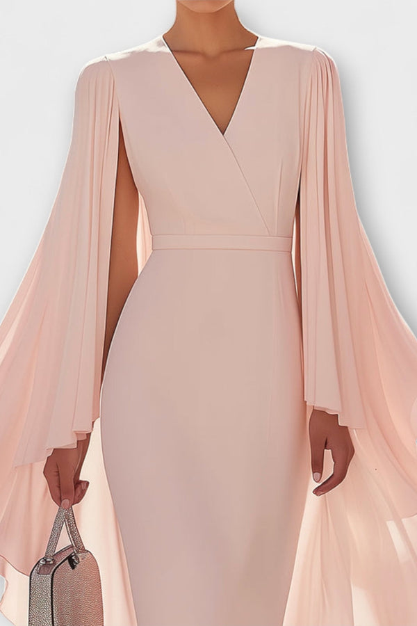 Rachel - Hellrosa Midi-jurk met V-hals en Chiffon Mouwen