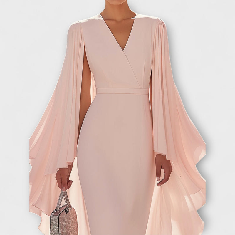 Rachel - Hellrosa Midi-jurk met V-hals en Chiffon Mouwen