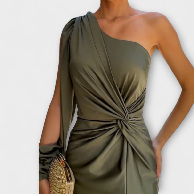 Odessa - Asymmetrische Rimpel Midi Bandage Jurk