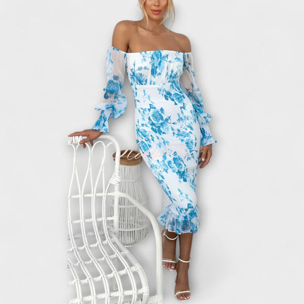 Nadia - Off-Shoulder Bloemen Midi Jurk met Smocked Taille
