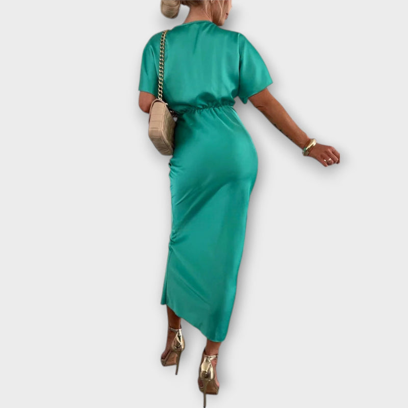 Sable - Effen Satijnen V-Hals Knoop Slim Fit Maxi Jurk