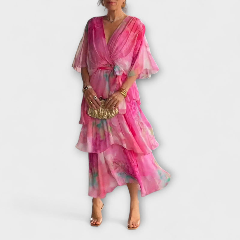 Nysa - Gelaagde Chiffon Jurk met Lente Bloemenprint