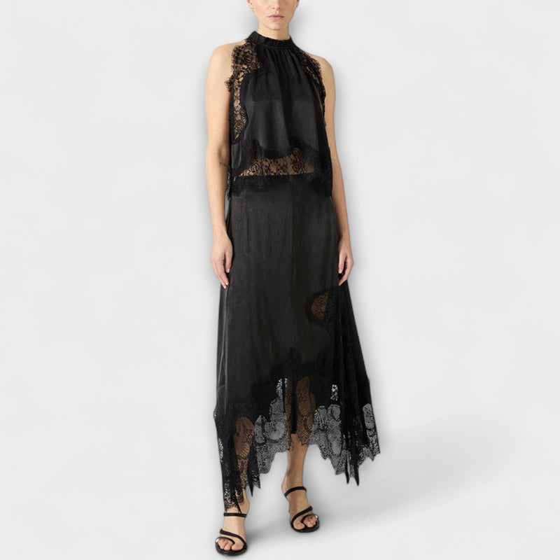 Kaia - Satijnen Blouse met Kantafwerking en Plissé Halslijn Set