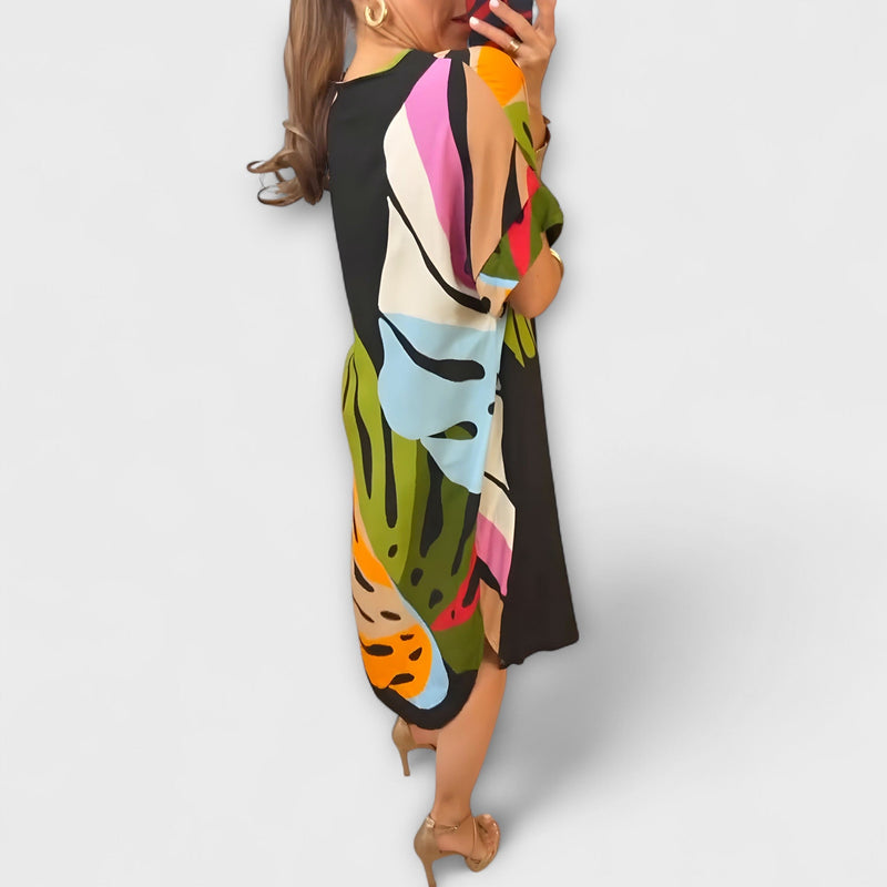 Roos - Casual Jurk met Kleurrijke Bladerenprint
