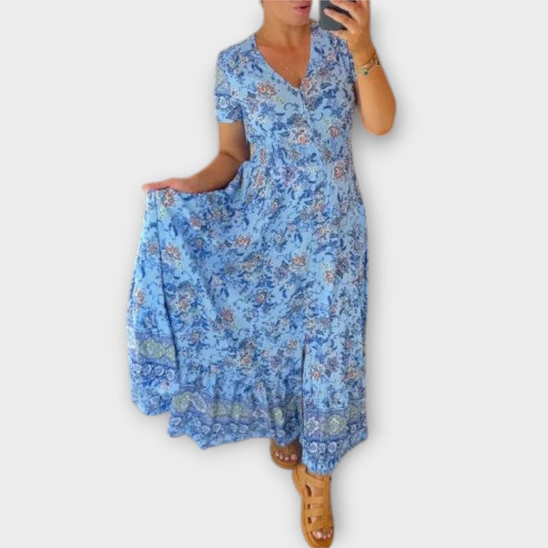 Ellie - Chic Bloemen V-Hals Jurk met Plissé Zoom