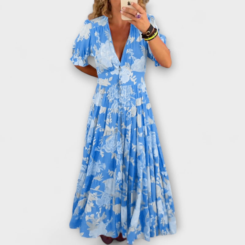 Reagan - Bloemen Maxi Jurk met V-Hals en Korte Mouwen