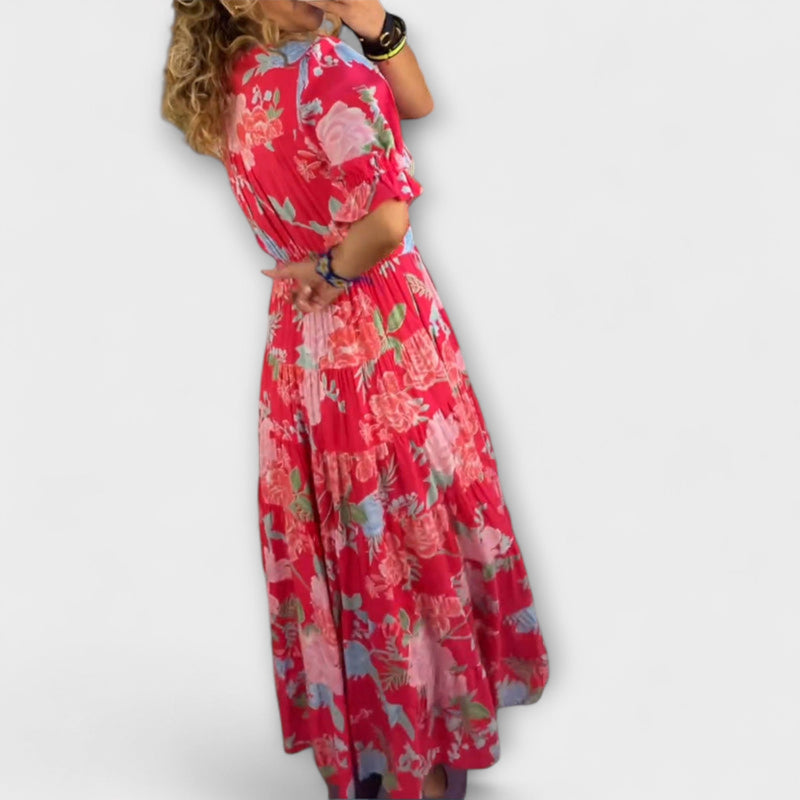 Reagan - Bloemen Maxi Jurk met V-Hals en Korte Mouwen