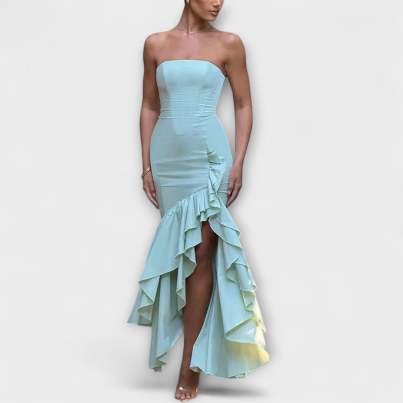 Zuri - Off-Shoulder Slim Fit Maxi Jurk met Asymmetrische Zoom