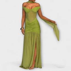 Nicole - Olijfgroen V-hals Maxi-jurk