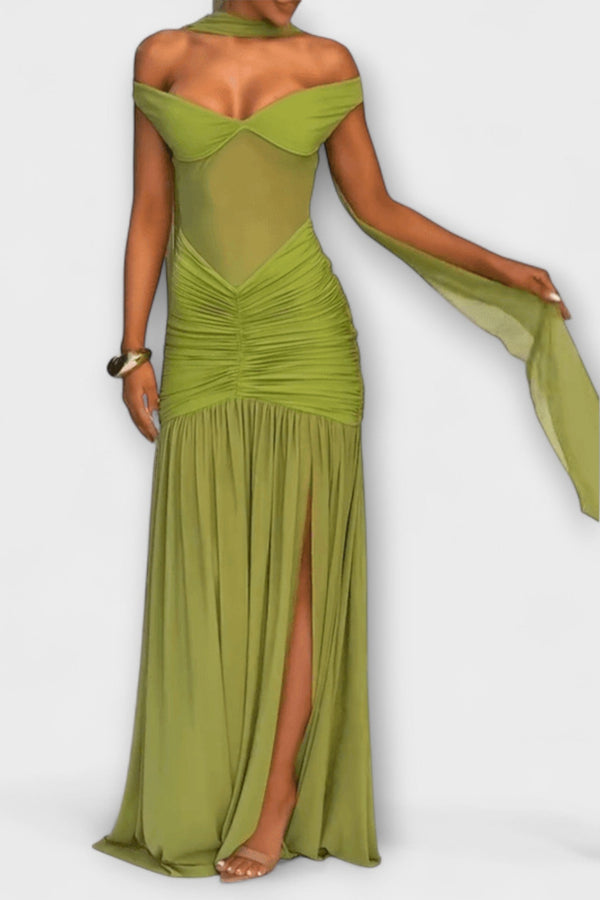 Nicole - Olijfgroen V-hals Maxi-jurk