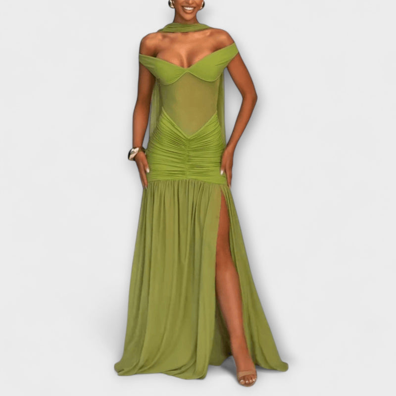 Nicole - Olijfgroen V-hals Maxi-jurk