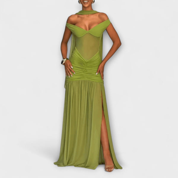 Nicole - Olijfgroen V-hals Maxi-jurk