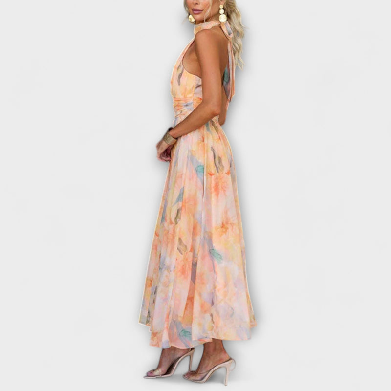 Hals Open Rug Taille Waterverf Print Maxi Jurk