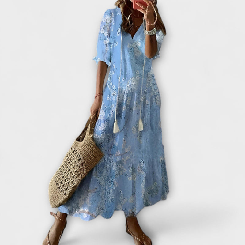 Andrea - Vintage Geïnspireerde Boho V-Hals Gedrukt Jurk