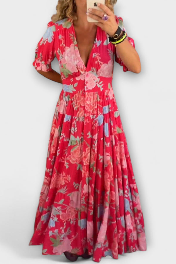 Reagan - Bloemen Maxi Jurk met V-Hals en Korte Mouwen