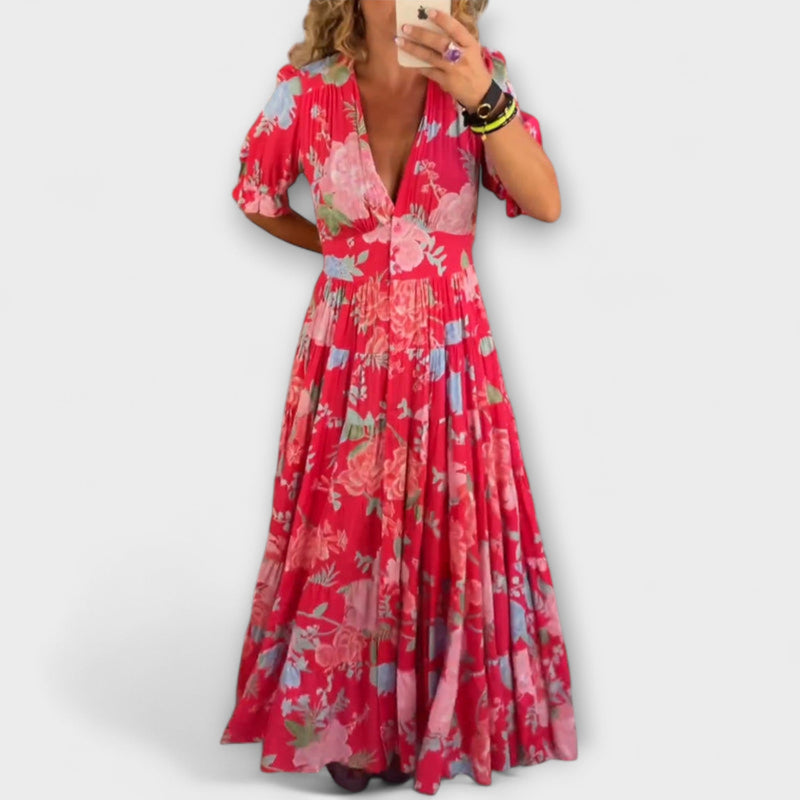 Reagan - Bloemen Maxi Jurk met V-Hals en Korte Mouwen
