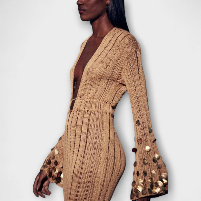 Kathleen - Gouden Gebreide Maxi Jurk van Dolly