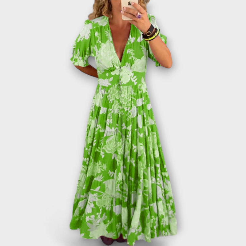 Reagan - Bloemen Maxi Jurk met V-Hals en Korte Mouwen