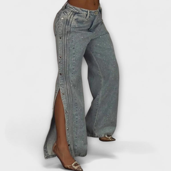 Nola - Hoge Taille Jeans met Strass Versieringen en Zijknopen