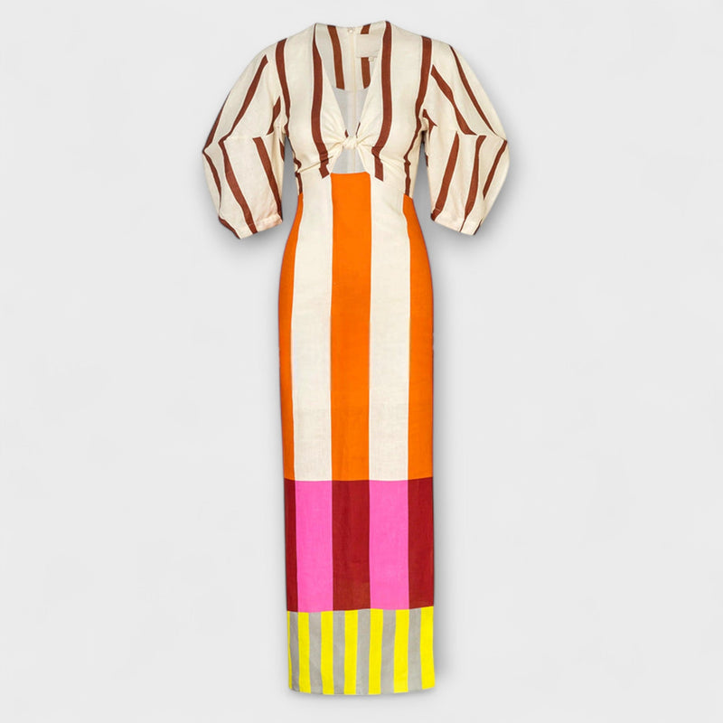 Kaya - Maxi Jurk met Front Cutout en Puff Mouwen