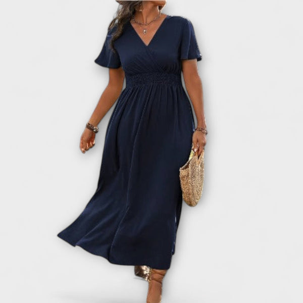 Margo - Maxi Jurk met Korte Flare Mouwen en Zij Split