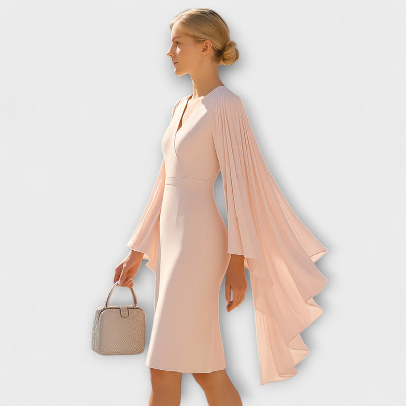 Rachel - Hellrosa Midi-jurk met V-hals en Chiffon Mouwen