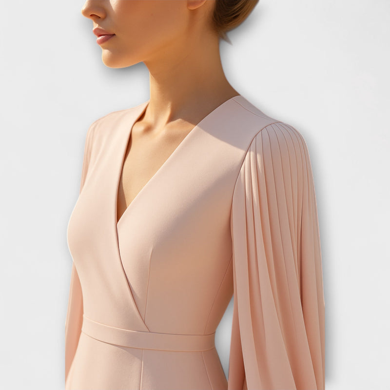 Rachel - Hellrosa Midi-jurk met V-hals en Chiffon Mouwen