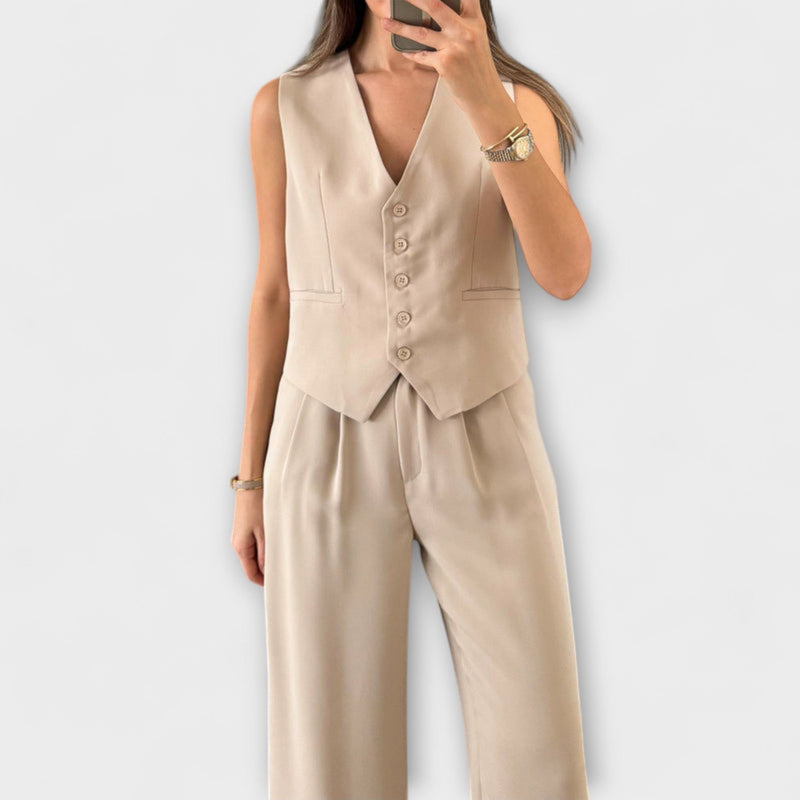 Hazel - Stijlvolle Effen Kleur V-Hals Vest en Broek Twee-delige Set