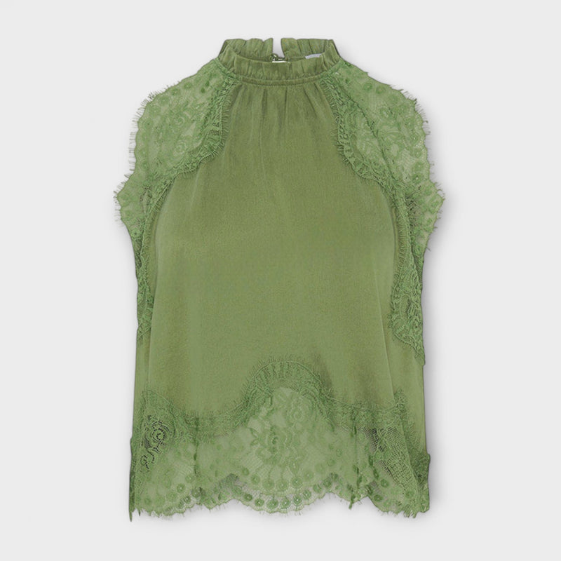 Kaia - Satijnen Blouse met Kantafwerking en Plissé Halslijn Set