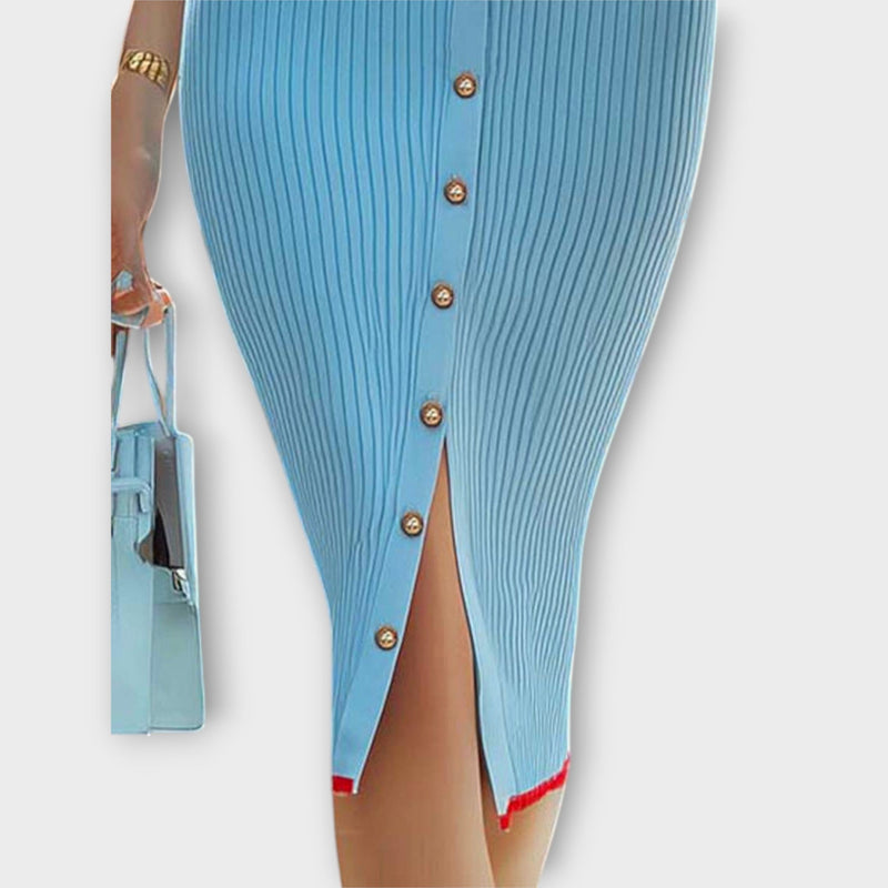 Sina - Stijlvolle Babyblauwe Geribbelde Tricot Pencildress