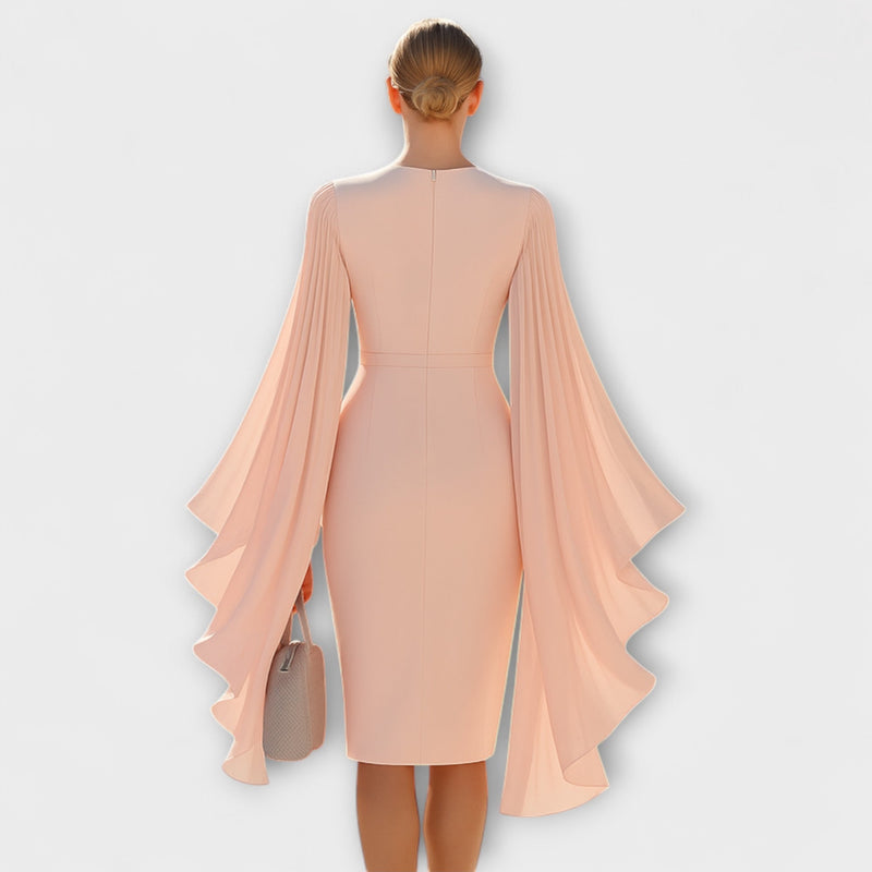 Rachel - Hellrosa Midi-jurk met V-hals en Chiffon Mouwen