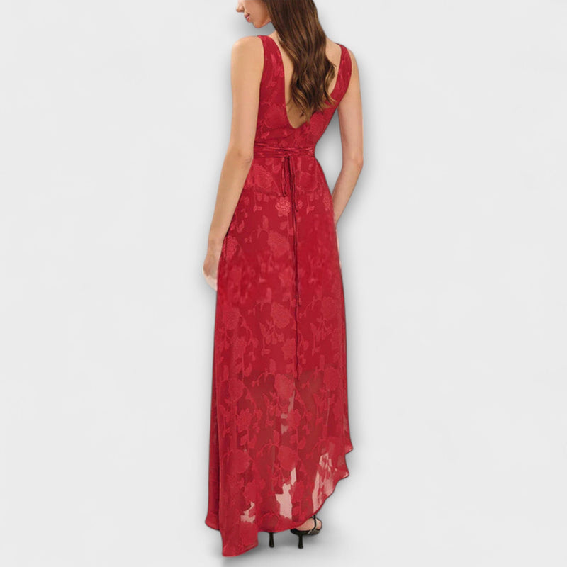 Opal - Elegante Rugloze Lace-Up Jacquard Maxi Jurk