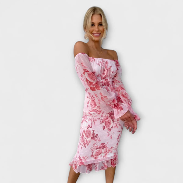 Nadia - Off-Shoulder Bloemen Midi Jurk met Smocked Taille
