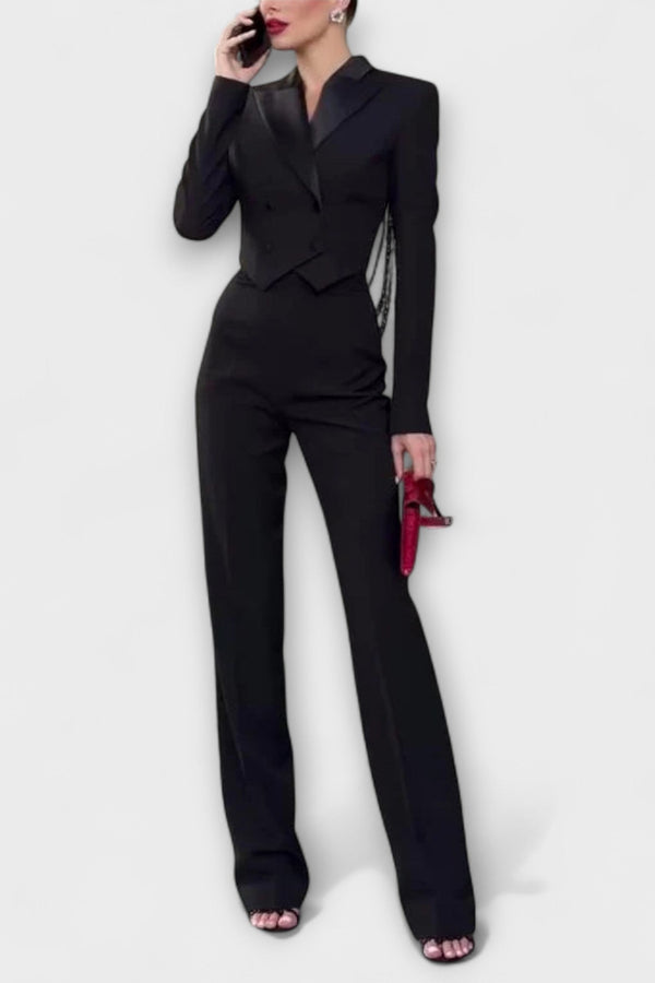 Noa - Zwart Parels Versierd Rugloze Korte Blazer Set