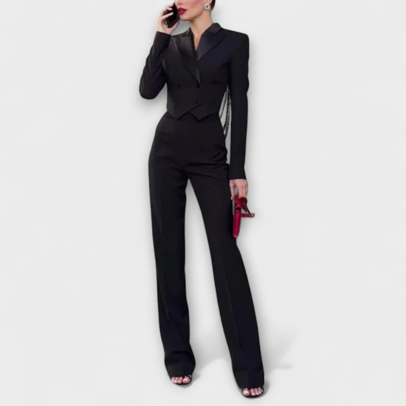 Noa - Zwart Parels Versierd Rugloze Korte Blazer Set