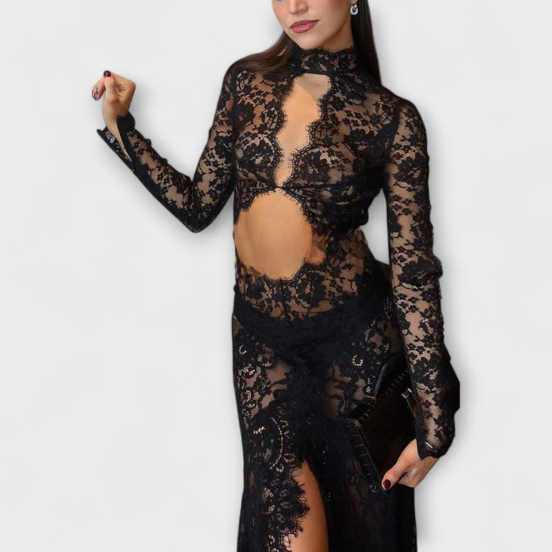 Azalea - Midnight Elegance Transparante Cutout Lange Mouw Stretch Maxi Jurk