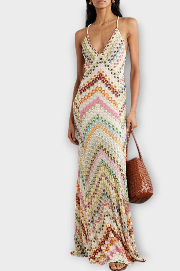 Remi - Missoni Kleurrijk Haringbone Patroon Maxi Jurk